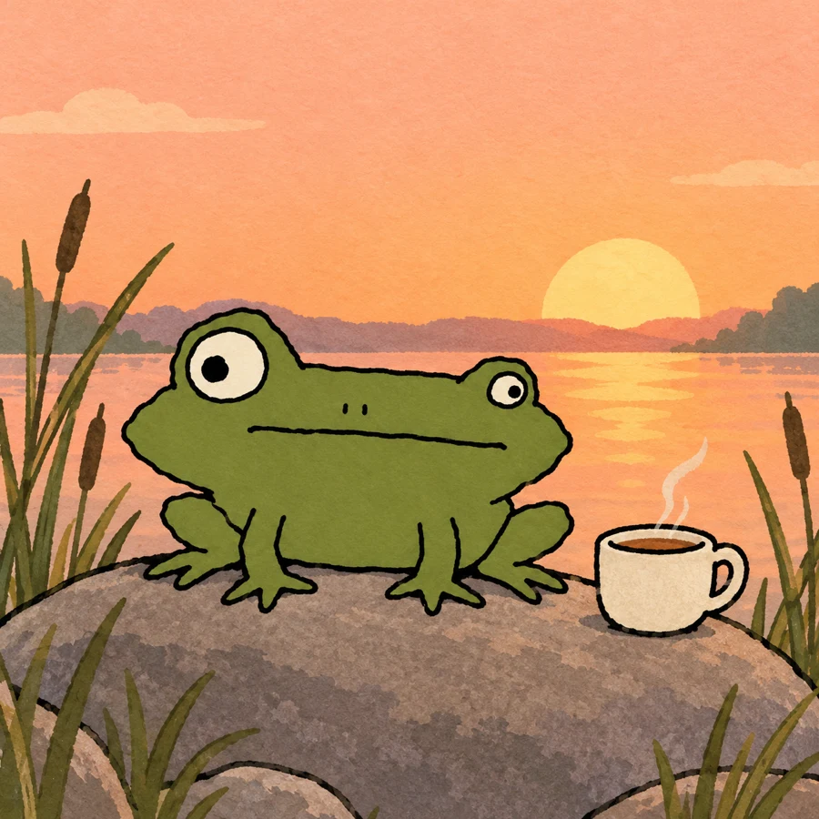 FOGGY sitting by a cup of tea at sunrise