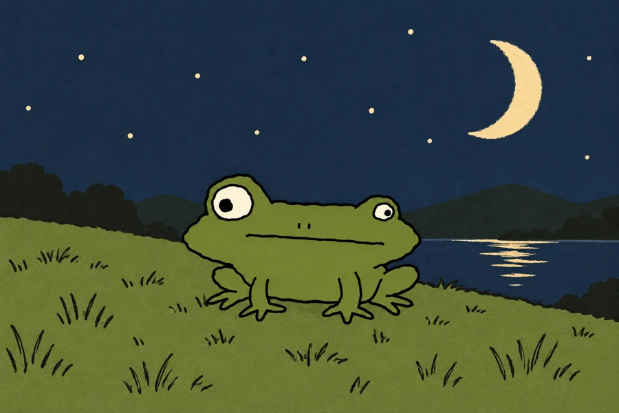 FOGGY resting on a hill beneath the crescent moon